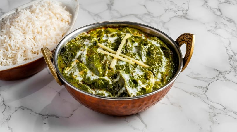 Palak Paneer in a copper bowl with cream swirls and ginger, alongside a bowl of white rice.