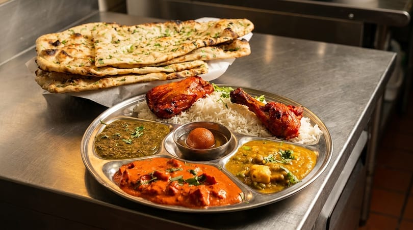 Indian thali with chicken, rice, naan, gulab jamun, and various curries on a metal counter.