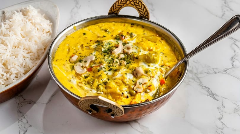 A copper bowl of creamy yellow curry with cashews and vegetables, served with white rice.
