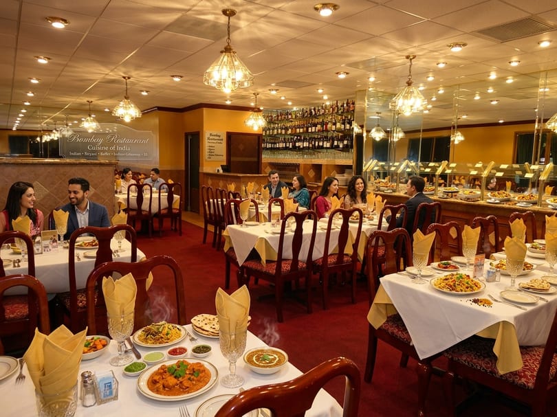 Wide view of the banquet hall set for an event